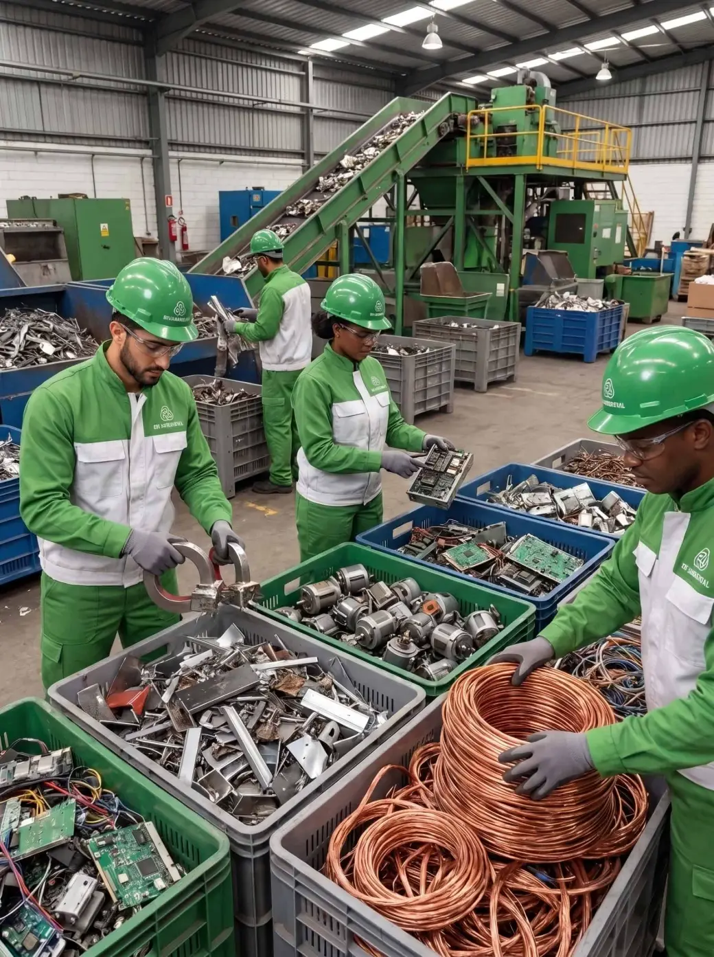Equipe da BR Ambiental fazendo a triagem de sucata de cobre, metais e placas eletrônicas no galpão de reciclagem