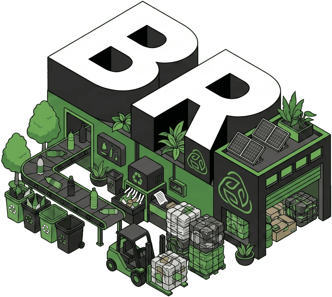 Ilustração do centro de reciclagem da BR Ambiental com esteira de triagem, coletores seletivos, fardos de recicláveis e empilhadeira